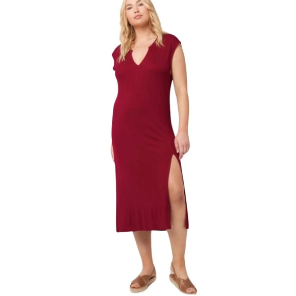 L Space Robyn Midi Dress Red Burgundy Slit Sleeveless Ribbed V-neck - Picture 12 of 12